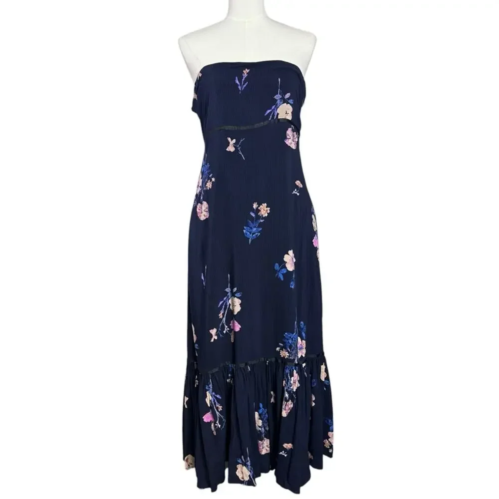 Free People Bohemian Rosie Posie Strapless Midi Dress Blue Floral Size Medium